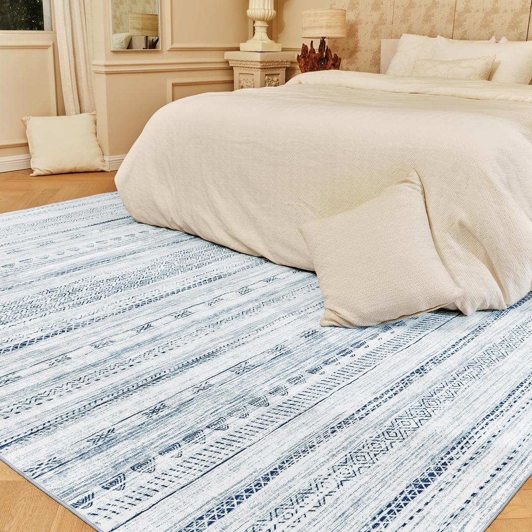 8x10 Area Rugs for Living Room Machine Washable Rug Distressed Indoor Carpet Neutral Moroccan Boho Rug Ultra Soft Area Rug for Bedroom Dining Room Playroom Office, Blue