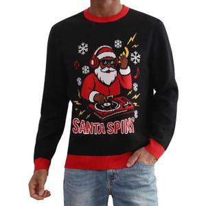 Runhit Ugly Christmas Sweater for Men Women Unisex Funny Christmas Sweaters Fun Holiday Pullovers Novelty Xmas Pullover Gift (Medium, Black Dj Santa Claus)
