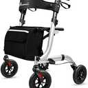 Henmnii Rollator Walker for Seniors, Lightweight Foldable All Terrain Rolling Walker with seat, Aluminum Walkers with 8 inch Rubber Wheels, Handles and Backrest for Seniors and Adult