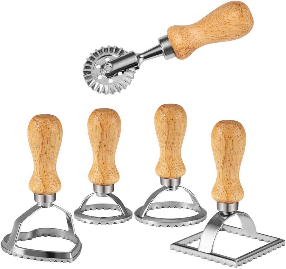 Ravioli Stamp Set (Set of 5), Ravioli Maker Cutter with Wooden Handlefor Ravioli, Pasta, Dumplings Lasagna, Pierogi, Leading Dough Cutter and Press Stamps