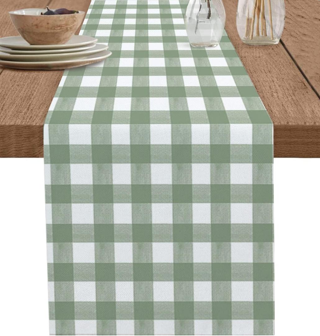 Sage Green Table Runner 60 Inches Long Cotton Linen Tablerunner Dresser Scarves, Country French Rustic Buffalo Plaid Check Burlap Kitchen Dinner Cafe Table Runners Table Decor for Coffee/Party/Wedding