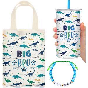 Shinylin 3 Pcs Big Brother Gift for Boy 12 oz Big Brother Cup Blue Stainless Steel Mug Vacuum Insulated Tumbler with Leakproof Lid and Straw Canvas Tote Bag and Bracelet for Little Boys