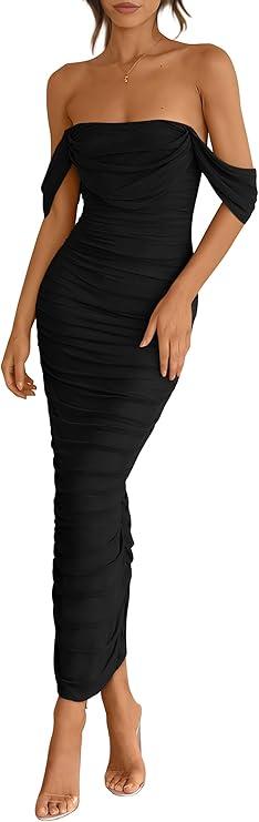 Womens 2025 Summer Off The Shoulder Dress Ruched Bodycon Sleeveless Split Cocktail Party Maxi Dresses
S