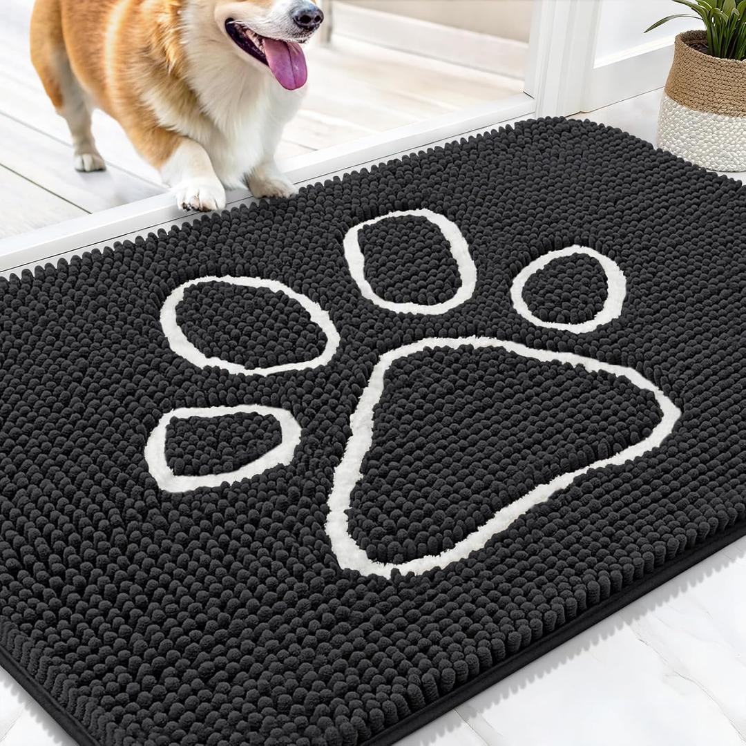 OLANLY Door Mat for Muddy Dog Paws 30x20, Ultra Absorbent Chenille Mud Doormat with Paw Print Design, Non-Slip Washable Doormat for Indoor Entryway, Quick-Dry Pet Bed Mats for Dirty Dogs, Dark Grey