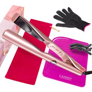 LANDOT 2-in-1 Flat Iron Curling Iron | 30s Heat-Up 12 Temp Settings & Ceramic Coating | Salon-Perfect Straightening & Curling | Tangle-Free Design with Heat-Resistant Mat