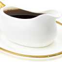 14 oz Gravy Boat with Tray, White Ceramic Sauce Boat with Gold Trim Ergonomic Handle and Dripless Lip Spout for Creamer, Broth, Black Pepper, Salad Dressings