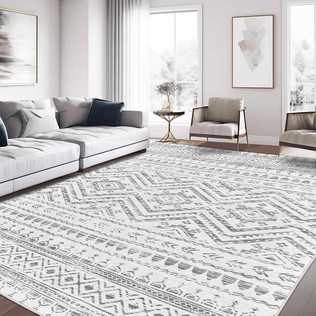 Miukiki 8x10 Area Rug for Living Room Moroccan Washable Rugs Non Slip Indoor Floor Carpet Foldable Large Soft Area Rug for Dining Room Bedroom with Low Pile (Grey,8'x10')