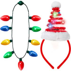 JOYIN 2 Pcs Christmas Lighted Necklace and Santa Hat Headband, Christmas LED Necklace with 9 Bulbs and Xmas Headwear for Holiday Perties Xmas Costume Accessories Party Favors
