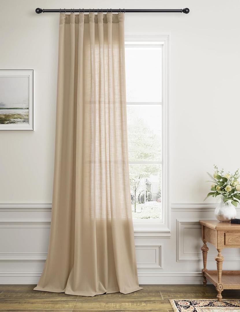 Tan Linen Curtains 102 Inches Long for Bedroom Living Room Pleated Tape Back Tab Soft Linen Textured Window Drapes with Hooks Light Filtering Neutral Burlap Farmhouse Country Decor 52x102 1 Panel