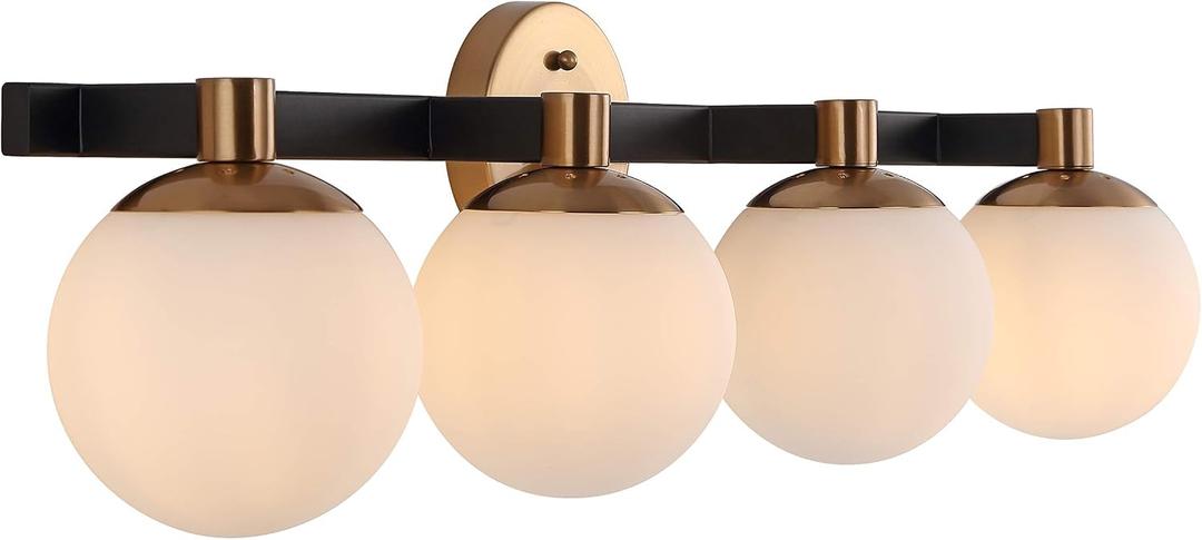JONATHAN Y 34" Brass Gold/Black Modern Globe LED Vanity Wall Sconce Light, White Frosted Glass Shade, Mid-Century Art Deco Wall Lamp for Bathroom, Kitchen, Hallway (JYL3543A), 4 Bulb