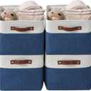 DECOMOMO Storage Baskets for Shelves - Fabric Storage Bins, Linen Closet Organizers and Storage (Navy Blue & White, Large - 4 Pack)