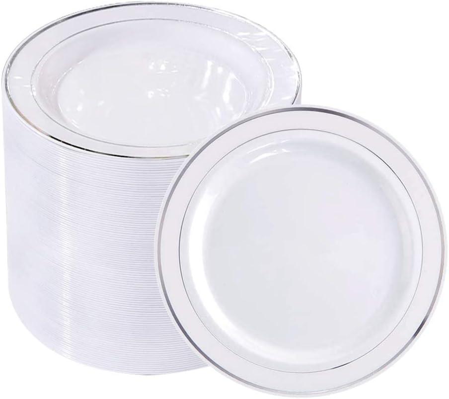 bUCLA 100Pieces Silver Plastic Plates - 6.25inch White with Silver Rim Disposable Salad/Dessert/Appetizer/Small Cake Plates for Weddings, Parties & Gathering