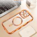Jusy Compatible with MagSafe Phone Case with Screen Protector for iPhone 14 Pro, Cute Curly Wavy Magnetic Metal Glossy Soft Shockproof Clear Phone Cover - Orange