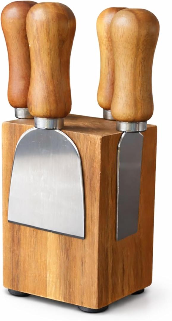 French Culinary Institute Premium Cheese Knife Set with Magnetic Block, Natural Acacia Wood & Stainless Steel