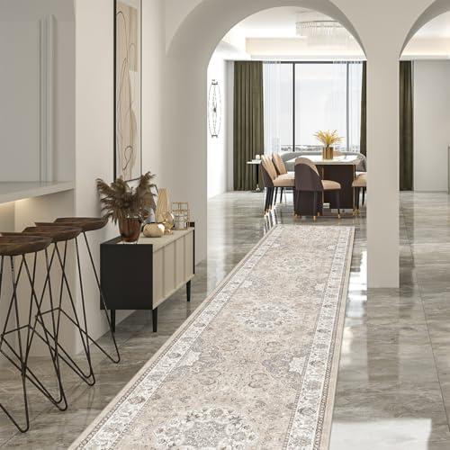 Hallway Washable Runner Rug - 4' x 10', Kitchen Rugs Entryway Rug Runner Vintage Soft Floor Mat Non Slip Indoor Farmhouse Carpet for Bathroom Living Room Bedroom (4' x 10' Beige)