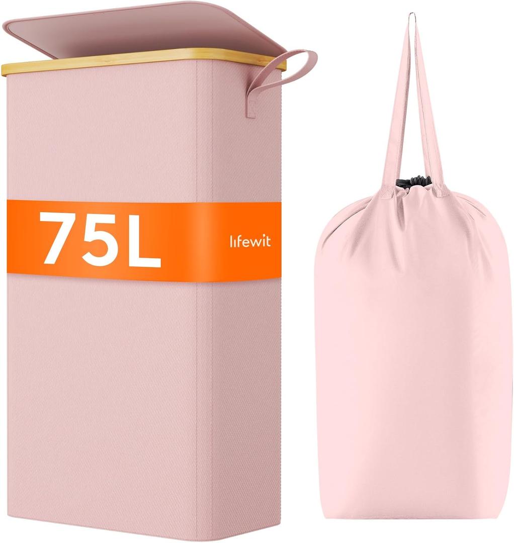 Lifewit 75L Slim Laundry Hamper with Lid, Narrow Laundry Basket with Removable Bag & Bamboo Handles, Fodable Thin Dirty Clothes Hamper for Laundry Collapsible Bin for Bathroom Bedroom Dorm, Pink