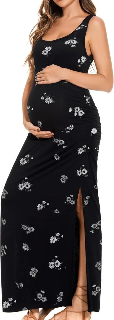 Smallshow Women's Split Long Maternity Dress Sleeveness Ruched Pregnancy Clothes, M