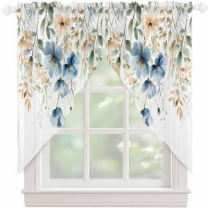 Flowers Eucalyptus Swag Curtain Valance for Kitchen Window,Botanical Blue Beige Floral Leaves Voile Sheer Tier Curtains,Watercolor Plants Rod Pocket Tier Swag Topper for Living Room 36"x63" 2 Panels
