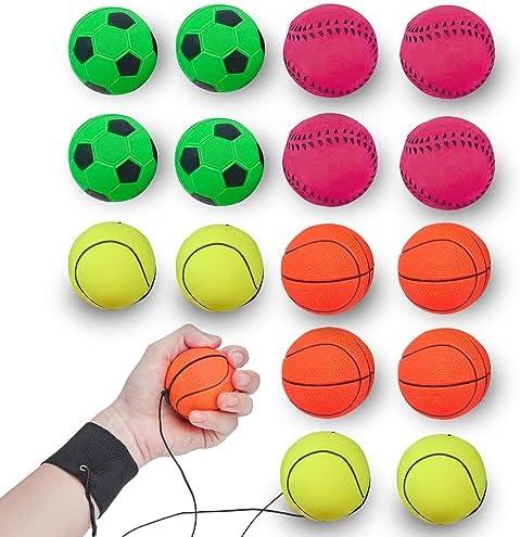 16 Pack 2.36 Inch Wrist Return Ball Wristband Ball Rubber Rebound Bouncy Sport Ball (Basketball, Baseball, Soccer,Tennis) on Elastic String Wrist Exercise or Play,Gift Toy for Kids Teens Adults