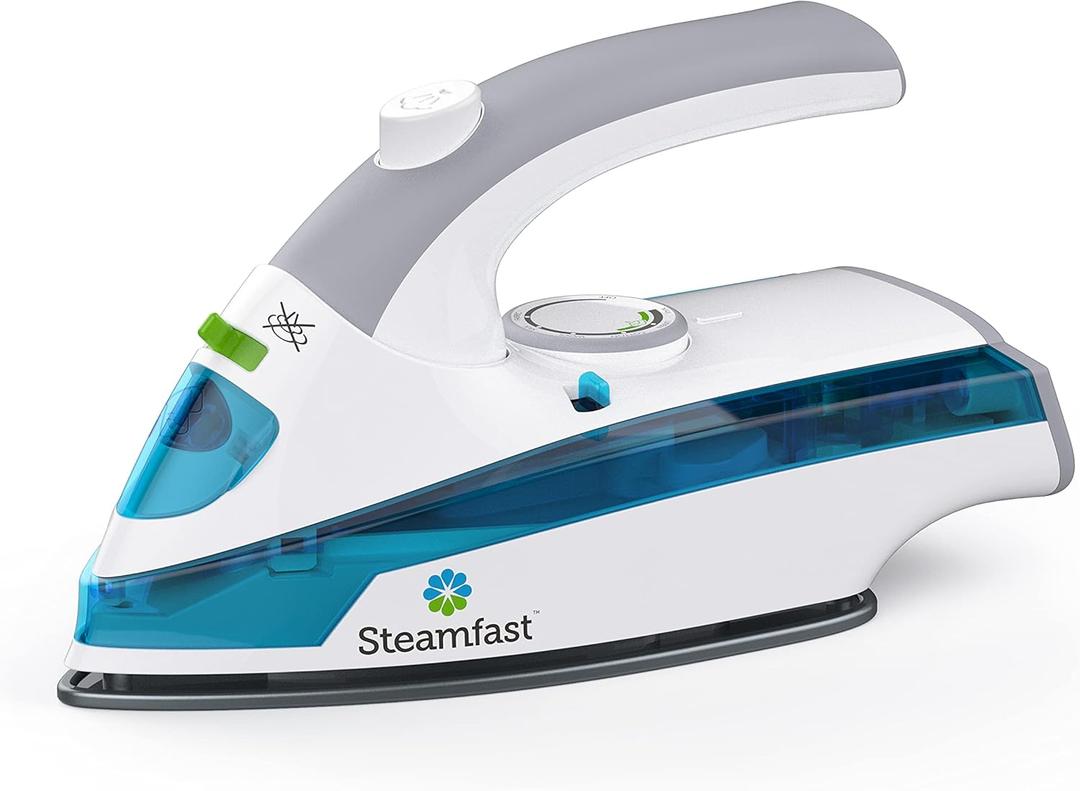 Steamfast SF-710 Mini Steam Iron, Non-Stick Sole Plate, Foldable Handle, 45 Second Heat Up Time, Cord Storage, Portable, 6-Foot Power Cord, Chemical-Free Steam Power, White
