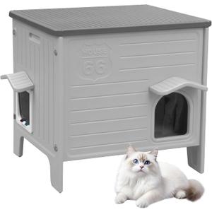 Deblue Outdoor Cat House Weatherpoof Large Plastic Cats Houses with Escape Door Indoor Waterproof Feral/Pet Cat Shelter Outside for Multiple Cats (Grey)