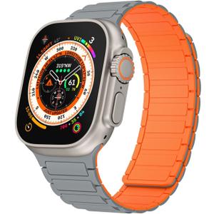Magnetic watchband Compatible with Apple Watch Band 49mm 46mm 45mm 44mm 42mm 41mm 40mm 38mm Thin Silicone Replacement Wristband Strong Magnet link for iWatch SE SE2& Series 10/9/8/7/6/5/4 Ultra 2 (Grey Orange)