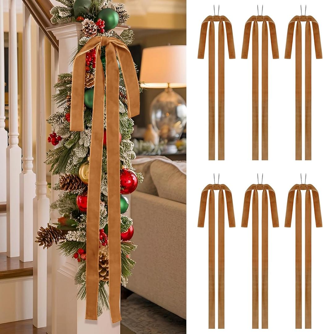 SIMISI RIBBON Camel Long Velvet Bows Ornaments for Christmas Tree, Wreath, Garland, Swag, Staircase, Fireplace, Door (15 * 24 inch, 6 Pieces)