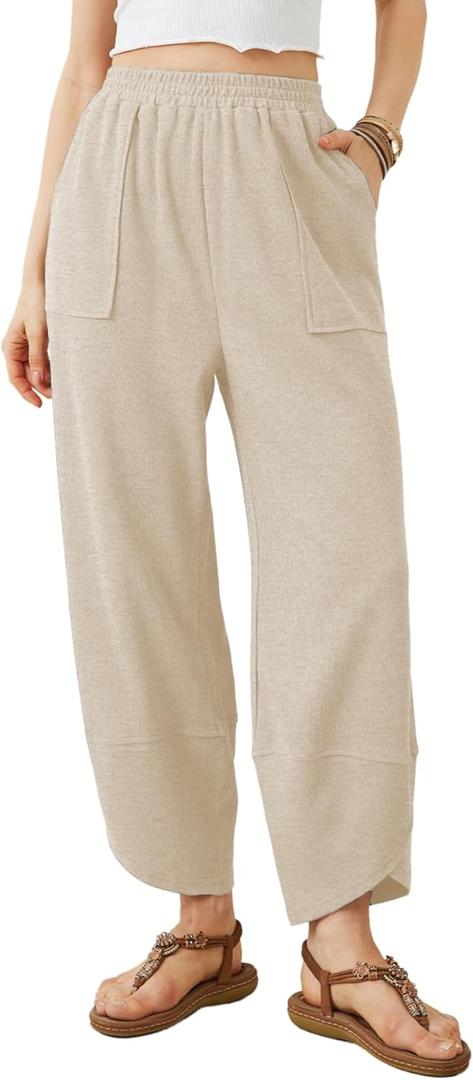 Xiaoxuemeng Womens Baggy Wide Leg Pants Casual Elastic Waisted Palazzo Harem Pants with Pockets (Medium, Beige)