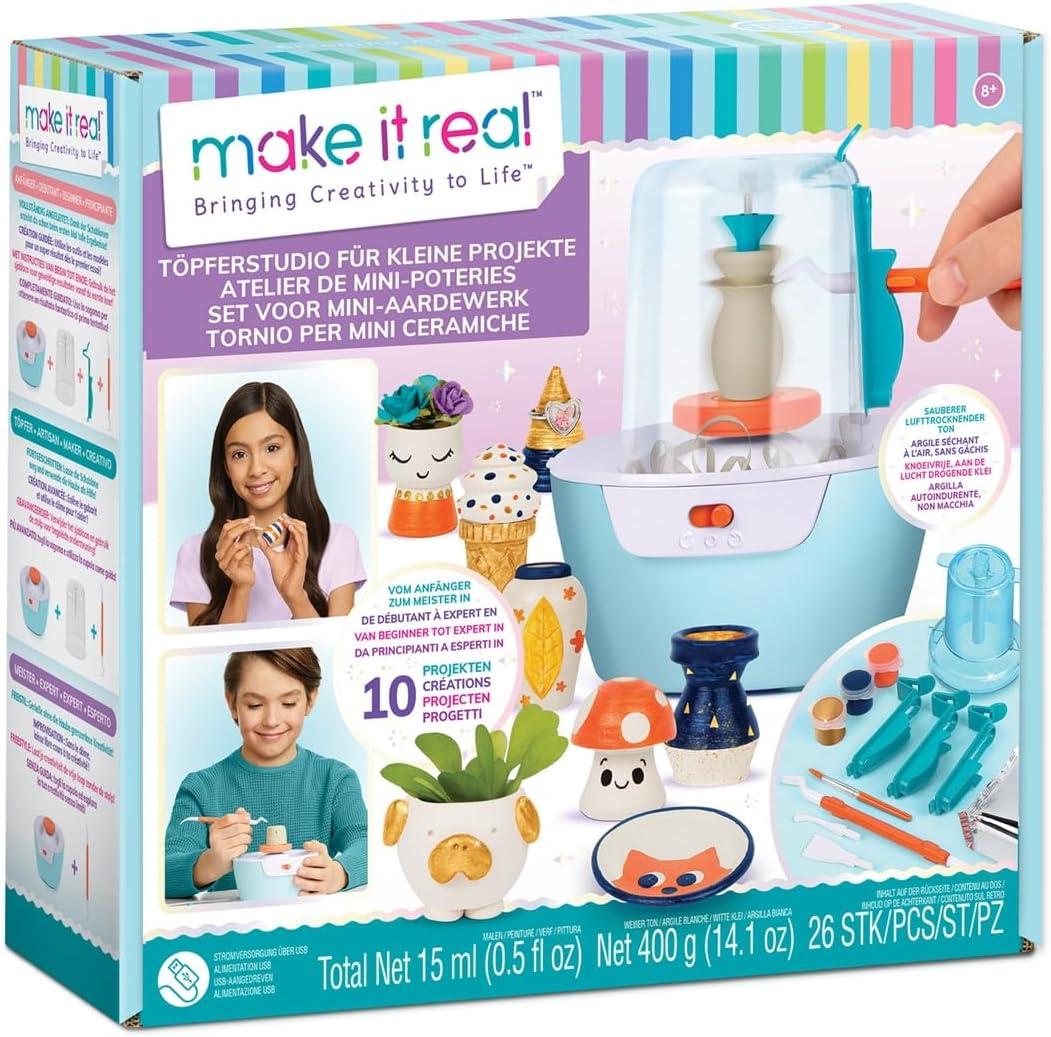 Make It Real Mini Pottery Studio - 26-Piece DIY Pottery Kit with Mess-Free Air Dry Clay - Create 10 Miniature Projects, Beginner to Master Levels - Innovative Centering Tool - Great for Kids Ages 8