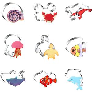 Ocean Creature Cookie Cutters 9 Piece Set Nautilus Shell Crab Lobster Jellyfish Turtle Tropical Fish Shark Clownfish Dolphin - e