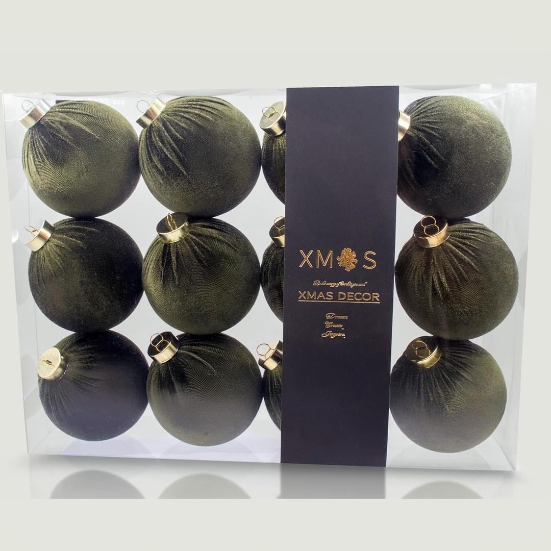 12PCS Green Velvet Christmas Ornaments Set  Large Flocked Shatterproof Baubles for Xmas Tree Decoration, Hanging Ornaments for Holiday & Home Dcor (Green, 4 Inch / 10 cm)