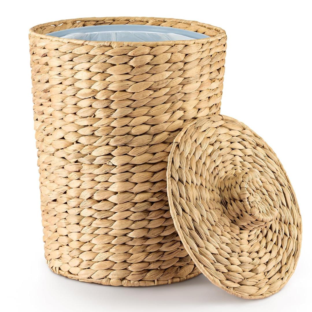 3 Gallons Wicker Woven Waste Basket with Lid - Water Hyacinth Trash Can for Office Garbage - Handwoven WasteBaskets for Bedroom, Bathroom, Kitchen, Living Room - Seagrass Storage Trashcan Boho (10" L x 10" W x 15" H, Natural)