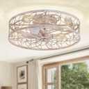 LEDIARY 23 Inch Caged Ceiling Fans with Lights, White Flush Mount Ceiling Fan with Remote & App, Large Low Profile Bladeless Ceiling Fan Light Fixture for Bedroom, Kitchen, Dining Room-White Gold Color