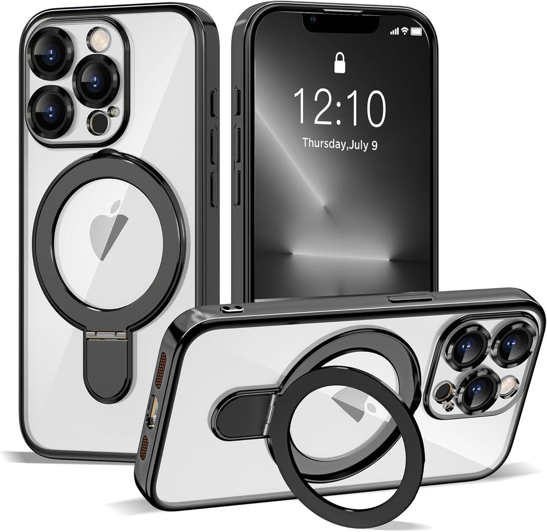 Compatible with iPhone 13 Pro Case with Invisible Magnetic Ring Stand [Compatible with Mag-Safe] [Full Camera Lens Protector] Plating Clear Phone Case for iPhone 13 Pro 6.1", Black