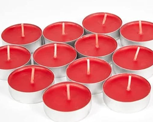Tea Light Candles Colored Unscented Metallic Tin Cups Set of 18 Made in USA (Red)
