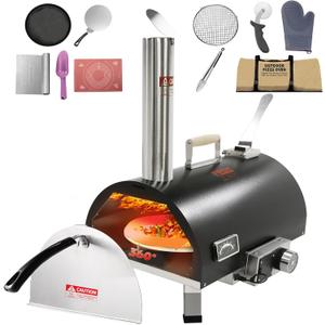 12", Fully Automatic Rotating, Wood Fired, Portable Stainless Steel Pizza Oven Outdoor, Suitable for Camping, Backyard, Black