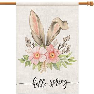 Hello Spring Easter Bunny Floral House Flag 28x40 Inch Burlap Double Sided Outside, Seasonal Sign Yard Outdoor Decorations DF249-28 (Multicolor)