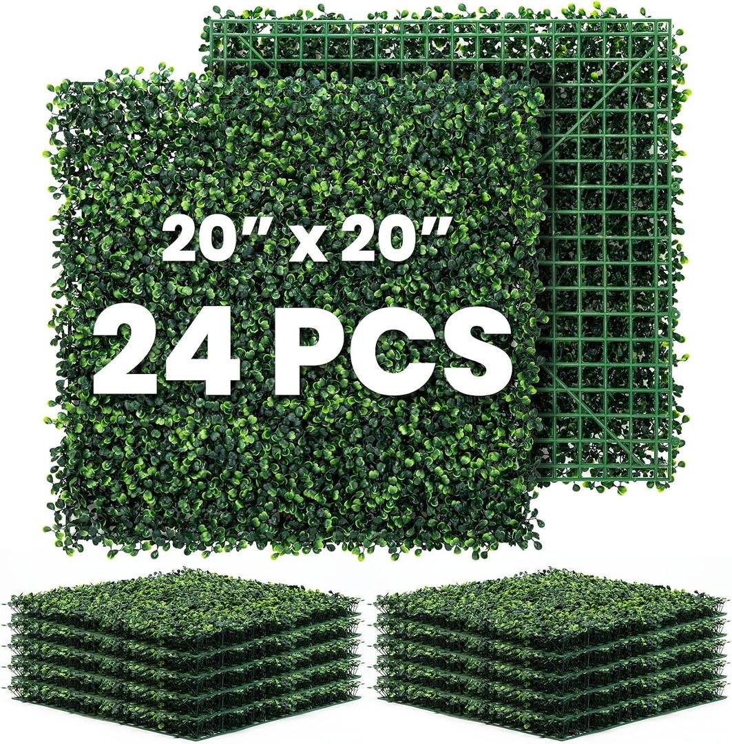 Grass Wall Panel 24 Pack 20"x20" Artificial Boxwood Hedge Plant Wall, Greenery Walls, Artificial Grass Backdrop, Privacy Hedge Screen Faux Boxwood for Outdoor,Indoor,Garden,Fence,Backyard
