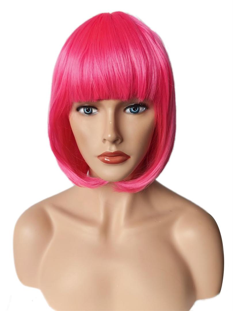 OYSRONG Women Short 11.81''/30cm Hot Pink Bob Straight Multifunction Synthetic Cosplay Wig, Flat Bangs Bob Hair Wig (Hot Pink)