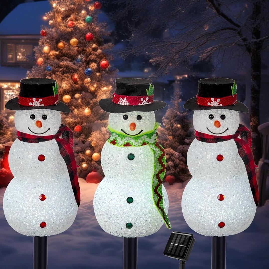 Christmas Pathway Lights Outdoor Decoations, Solar LED Snowman Stake Lights, Waterproof Walkway Landscape Light for Winter Yard, Garden Decor (Cool White, 3 Pack)