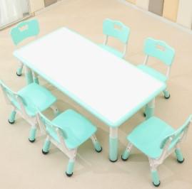 Children's Table and Chair Set Suitable for Boys and Girls Age 2-12 Height Adjustable Table top Can be Painted with 6 Seats Suitable for Family Learning Daily use (Mint Green)