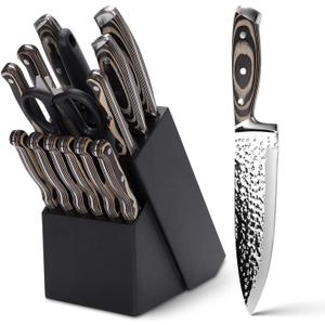 Kitchen Knife Set,15-Piece Knife Set With Block Wooden,Self Sharpening For Chef Knife Set,High Carbon Japan Stainless Steel Hammered Collection Knife Block Set with Steak Knives (Gray)