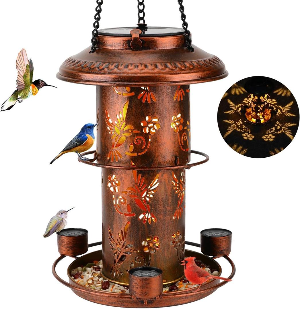 Solar Bird Feeders for Outside Wild Bird Feeders with 3 Water Cups and Food Tray, Metal Bird Feeders for Outdoor Hanging in The Trees&Hooks, Solar Lantern Decorations for Garden, Patio,(Coppery)