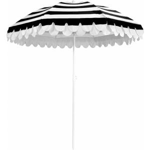 6.5Ft Classic Beach Umbrella with Fringe, Scalloped Patio Umbrella with Push Button Tilt, UPF50+ Portable Outdoor Umbrellas for Garden Lawn Pool, Carry Bag, Black White Stripe