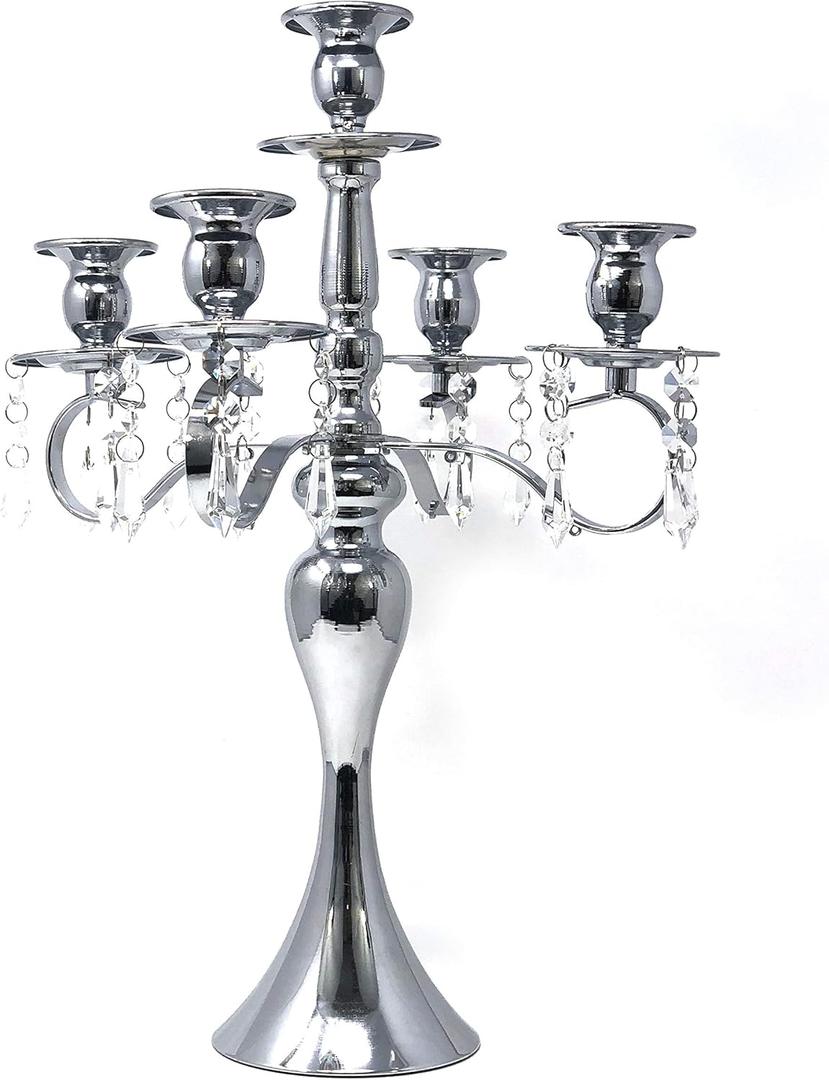 Allgala Silver Candle Holder 19" 5-Arm Silver Chrome Plated Taper Candle Holder Candlestick Candelabra