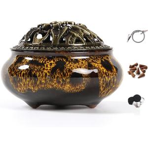 Incense Burner with Calabash Incense Stick Holder - Porcelain Charcoal Censer for Use with Resin Granular Powder Cone or Coil Incense (Fambe Yellow)