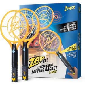 ZAP iT! Electric Fly Swatter Racket & Mosquito Zapper with Blue Light Attractant - High Duty 4,000 Volt Electric Bug Zapper Racket - Fly Killer USB Rechargeable Fly Zapper Indoor Safe - 2 Pack, Yellow (Large)