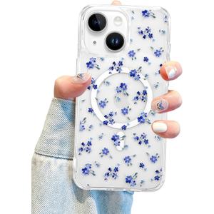 Jusy Magnetic Cute Flower Case for iPhone 15 Plus, Cute Aesthetic White Floral Pattern Phone Case Compatible with Magsafe, Soft TPU Protective Phone Cover for Women Girls - Blue Flower