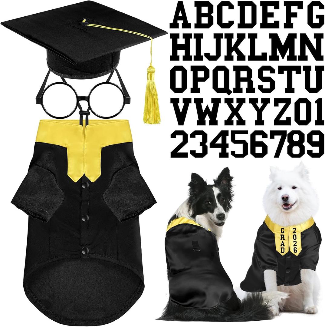 Huhumy 5 Pcs Dog Graduation Costume Set Include 2026 Pet Graduation Gown with Stole Puppy Grad Cap Lensless Glasses DIY Letter Stickers for Dogs Cats Holiday Costume Accessory(Black Yellow,XL)