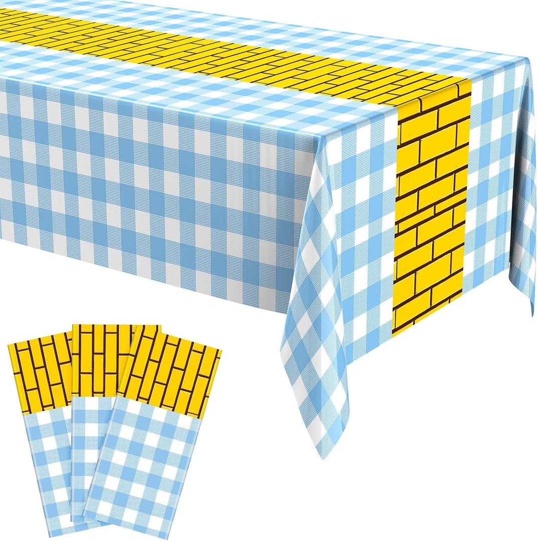 3 Pcs Yellow Brick Runner Tablecloth 54 x 108 Inch Brick Wall Backdrop Waterproof Rectangle Disposable Cover, Princess Decorations Party Supplies for Halloween Cosplay Party (Blue)